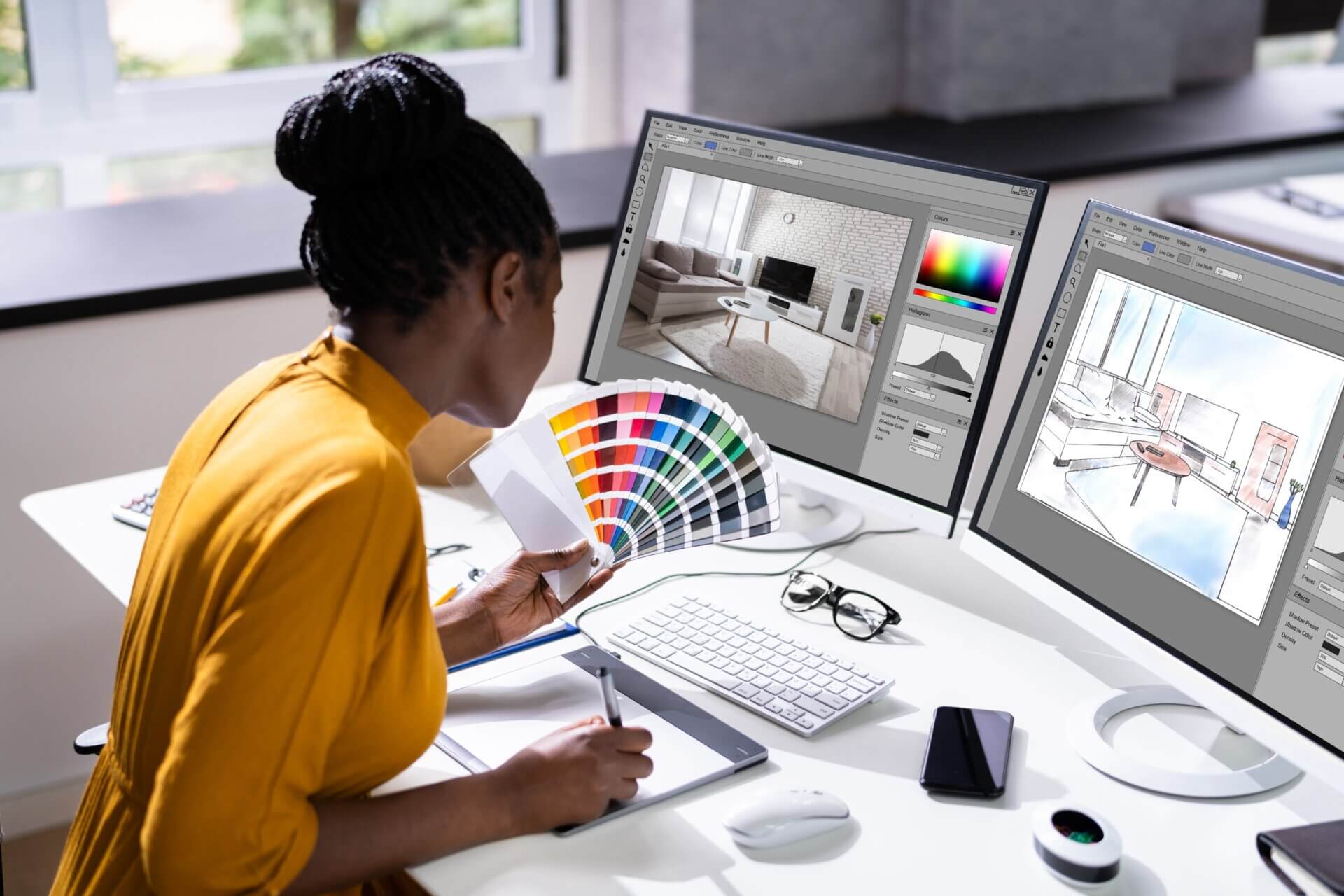 Mujer trabaja en la edición de fotos con una paleta de colores