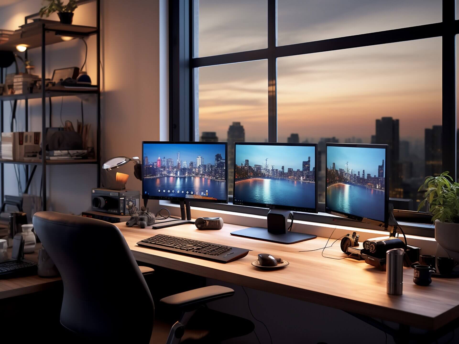Oficina con tres monitores sobre el escritorio